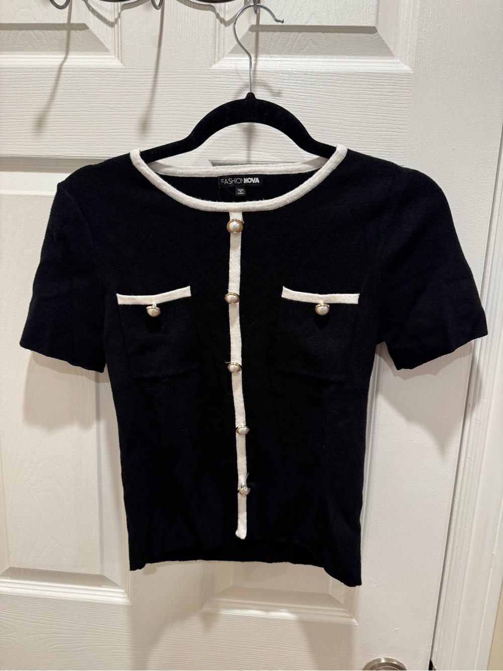 Fashion Nova Black Short Sleeve Knit Top with Cream Trim and Pearl Buttons